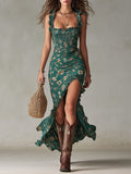 Sara | Long boho retro style dress with puffed sleeves and high slit