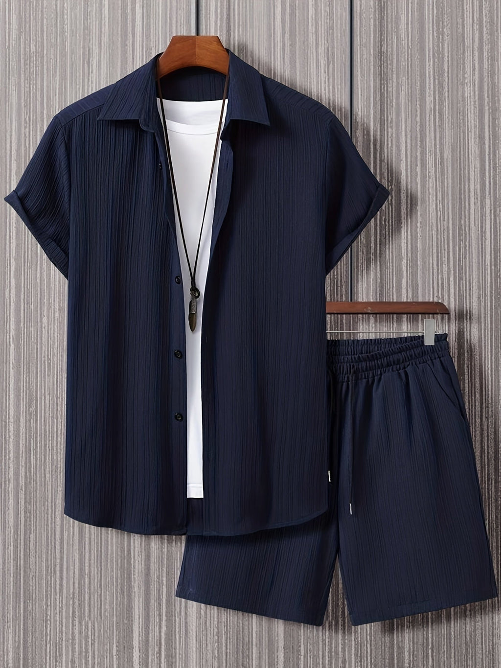 Men's Navy Blue 2-Piece Set - Short Sleeve Button-Down Shirt and Drawstring Shorts
