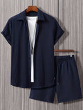 Men's Navy Blue 2-Piece Set - Short Sleeve Button-Down Shirt and Drawstring Shorts