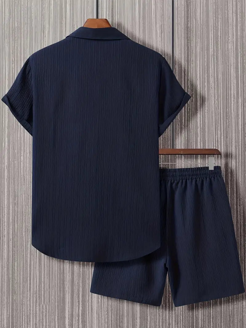 Men's Navy Blue 2-Piece Set - Short Sleeve Button-Down Shirt and Drawstring Shorts