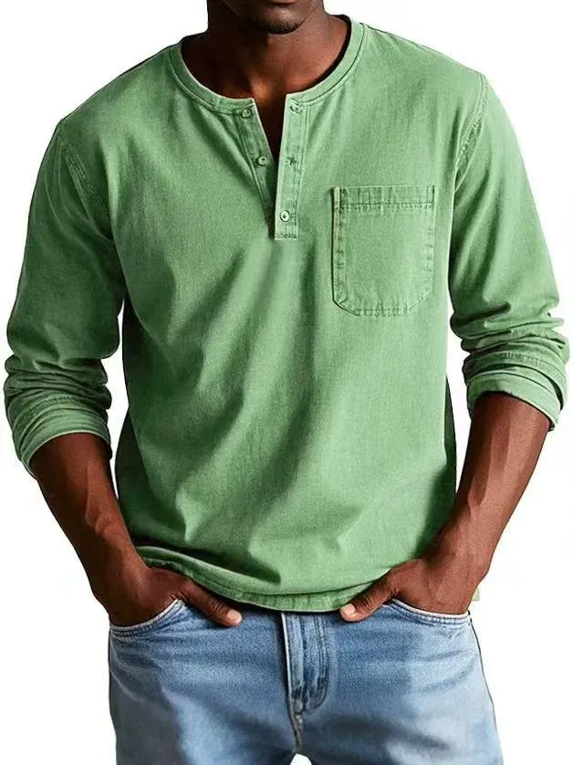 Casual knit Henley shirt with button placket and chest pocket