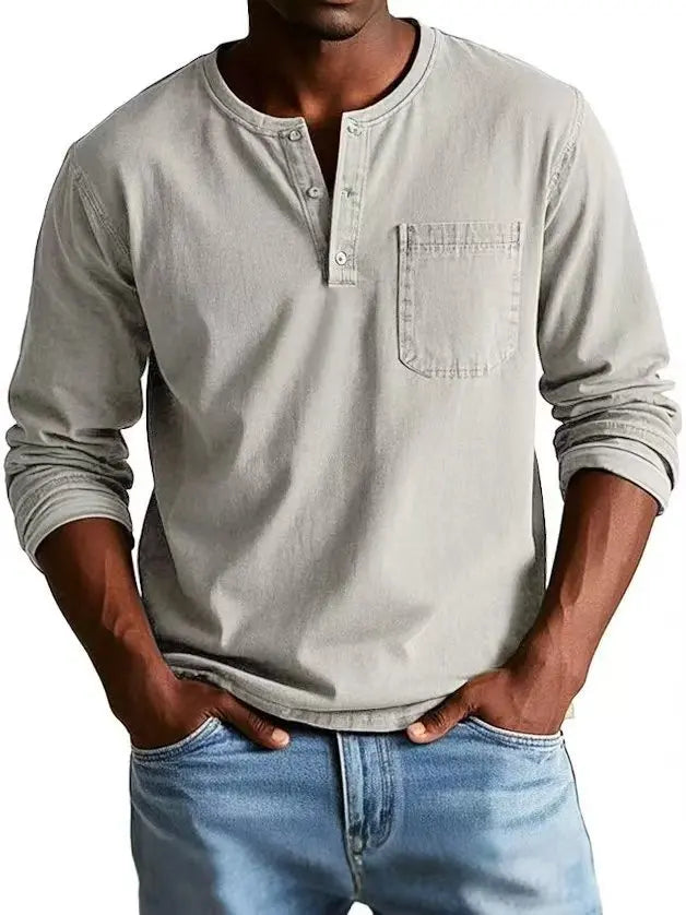 Casual knit Henley shirt with button placket and chest pocket