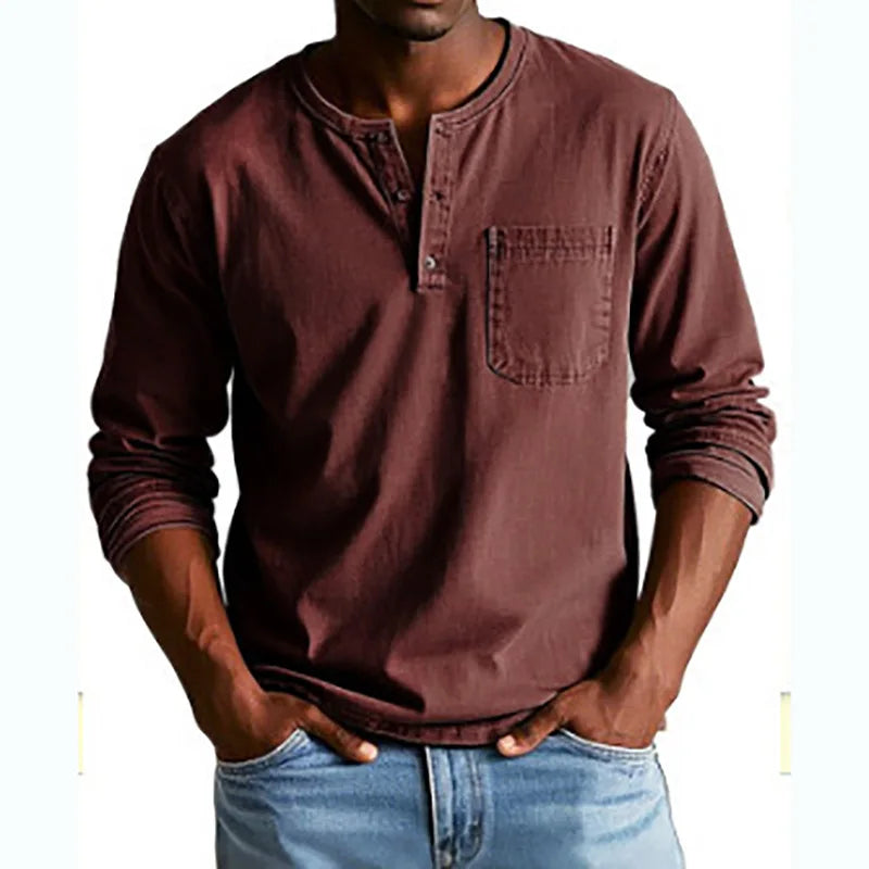 Casual knit Henley shirt with button placket and chest pocket
