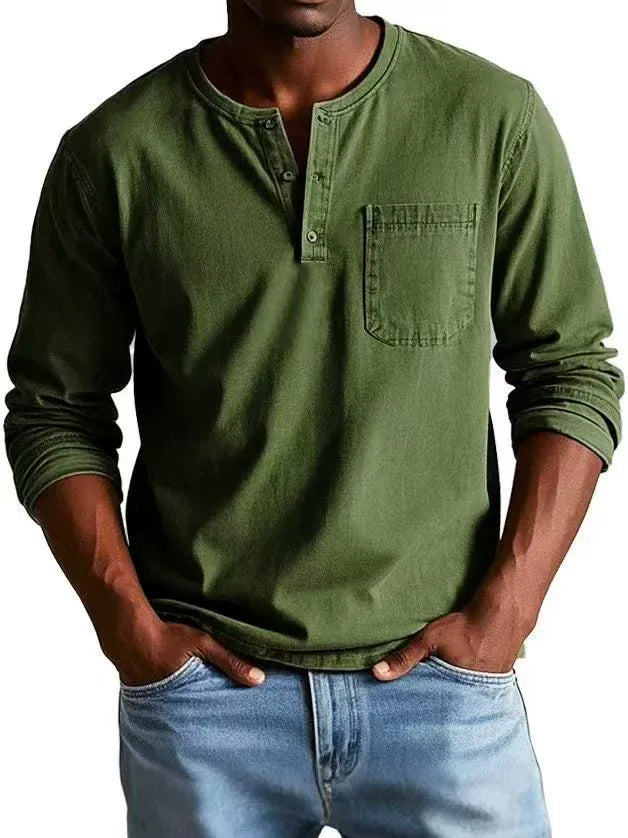 Casual knit Henley shirt with button placket and chest pocket