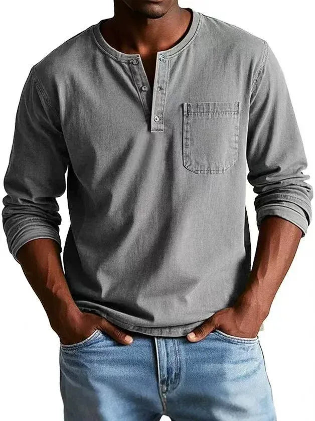 Casual knit Henley shirt with button placket and chest pocket