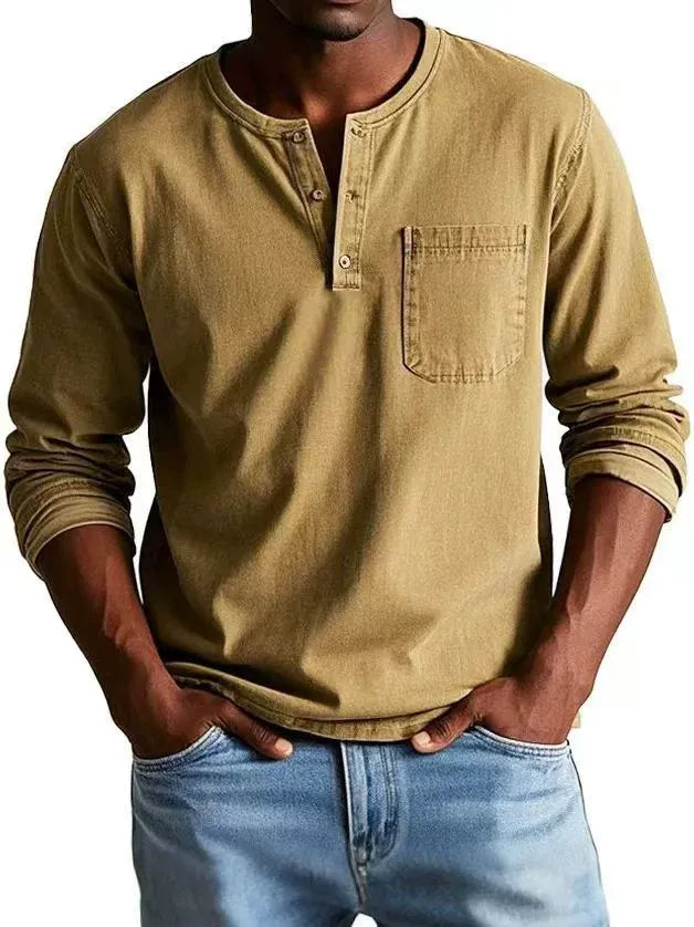 Casual knit Henley shirt with button placket and chest pocket