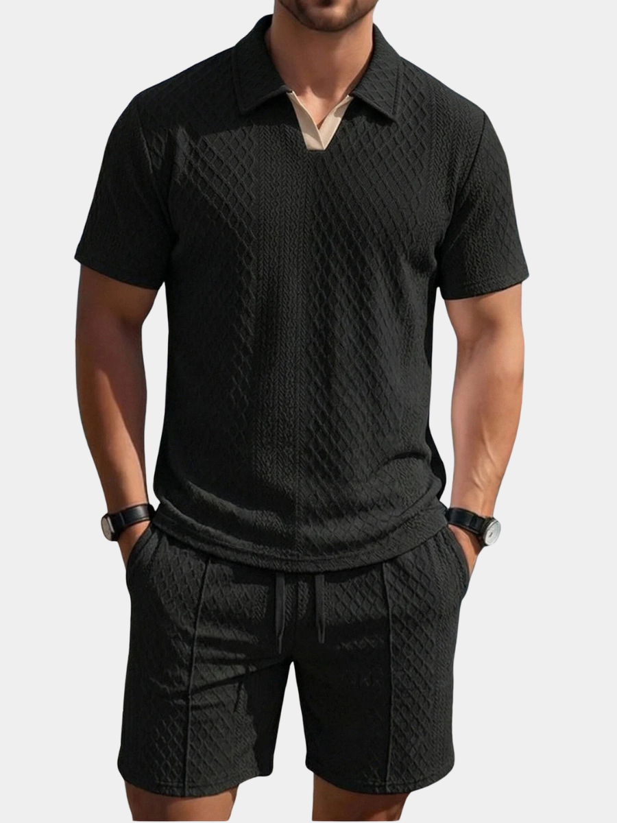 Casual Knit Short Set with Polo Collar and Drawstring Waist
