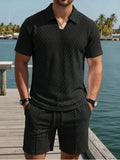 Casual Knit Short Set with Polo Collar and Drawstring Waist
