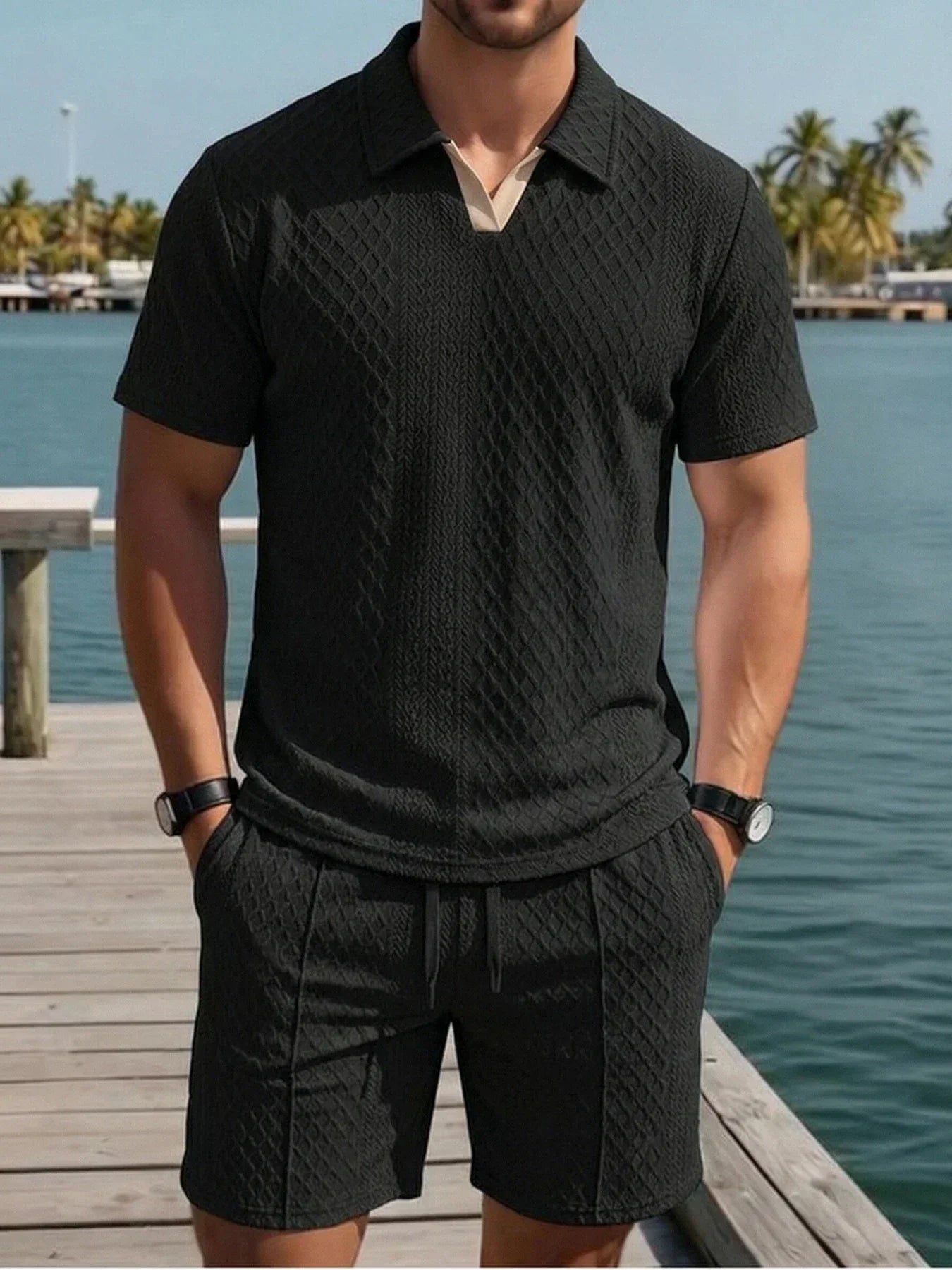 Casual Knit Short Set with Polo Collar and Drawstring Waist