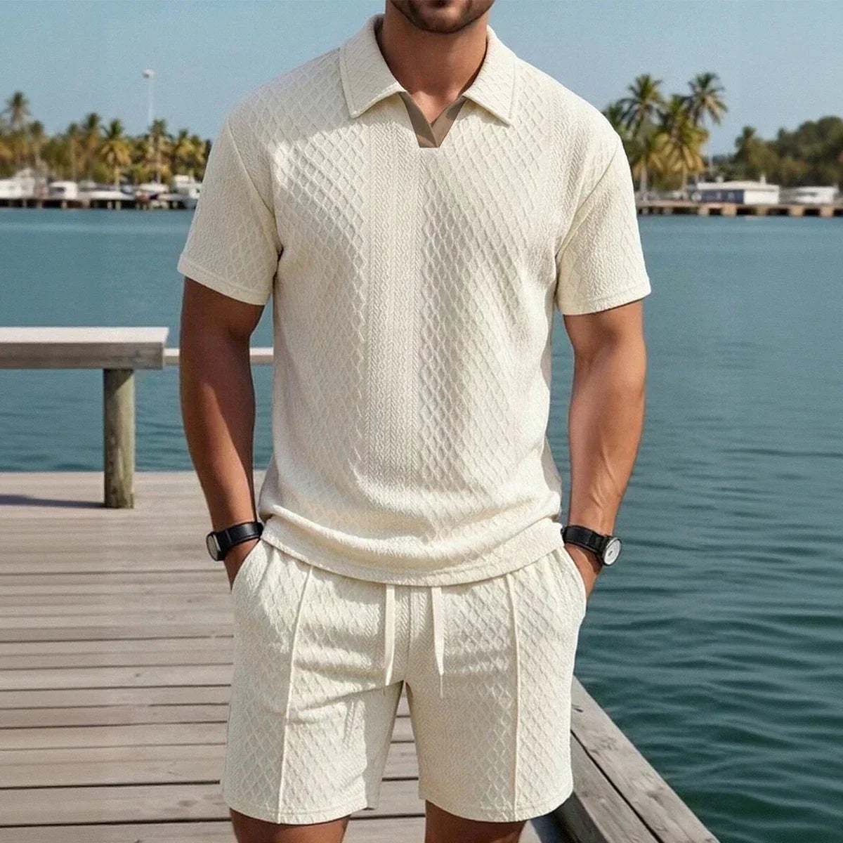 Casual Knit Short Set with Polo Collar and Drawstring Waist