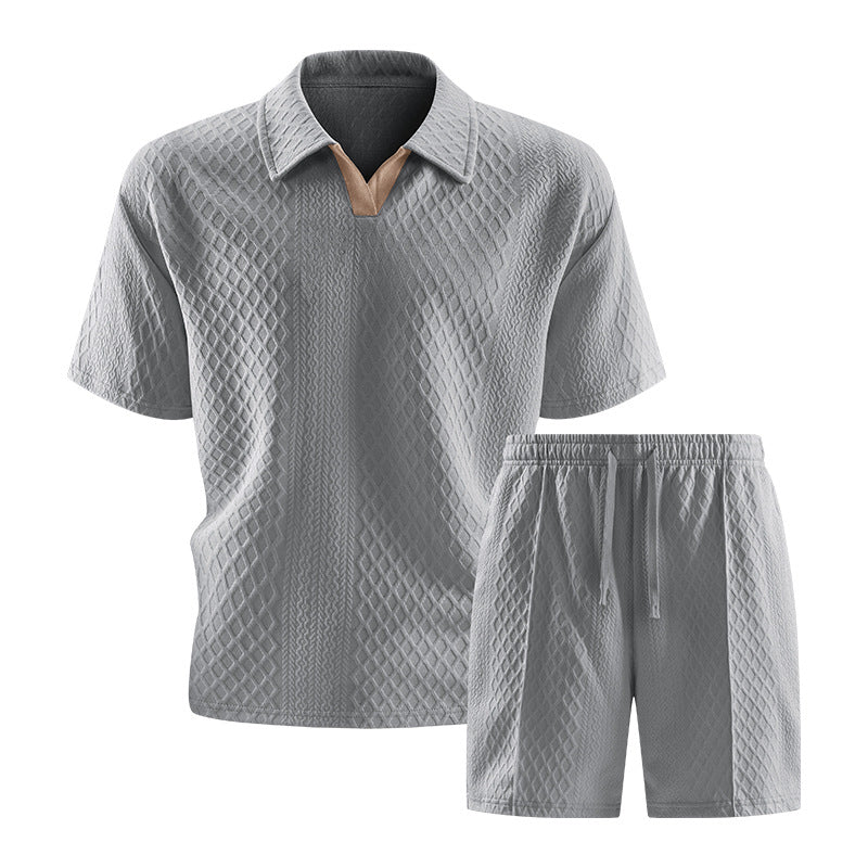 Casual Knit Short Set with Polo Collar and Drawstring Waist