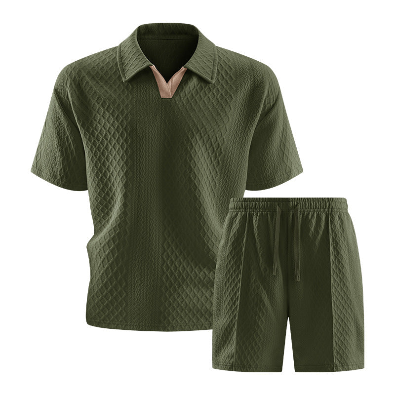 Casual Knit Short Set with Polo Collar and Drawstring Waist