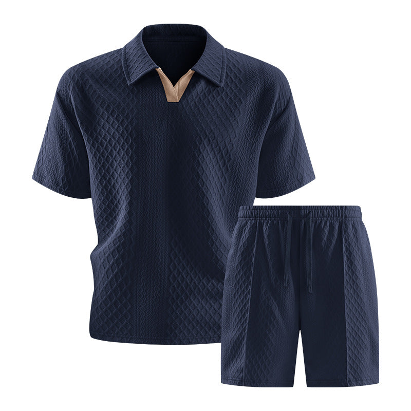 Casual Knit Short Set with Polo Collar and Drawstring Waist