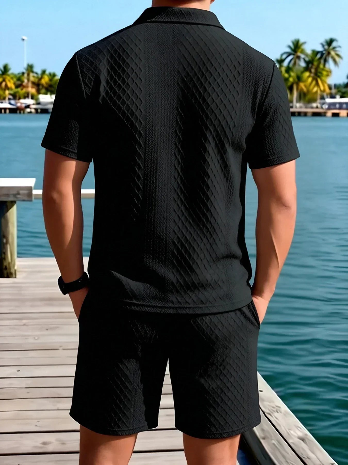 Casual Knit Short Set with Polo Collar and Drawstring Waist
