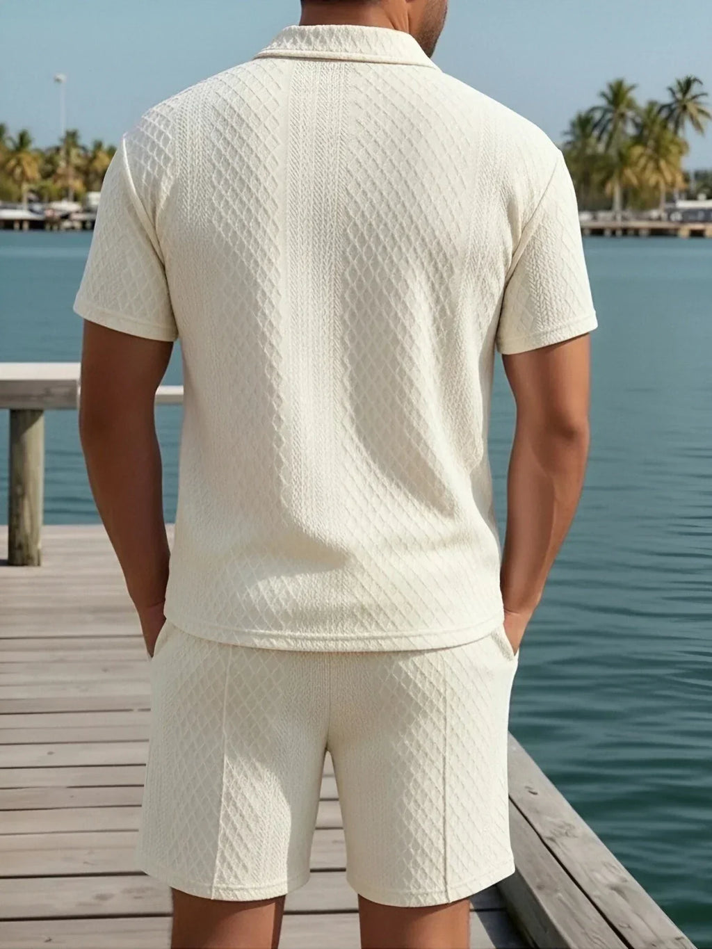 Casual Knit Short Set with Polo Collar and Drawstring Waist