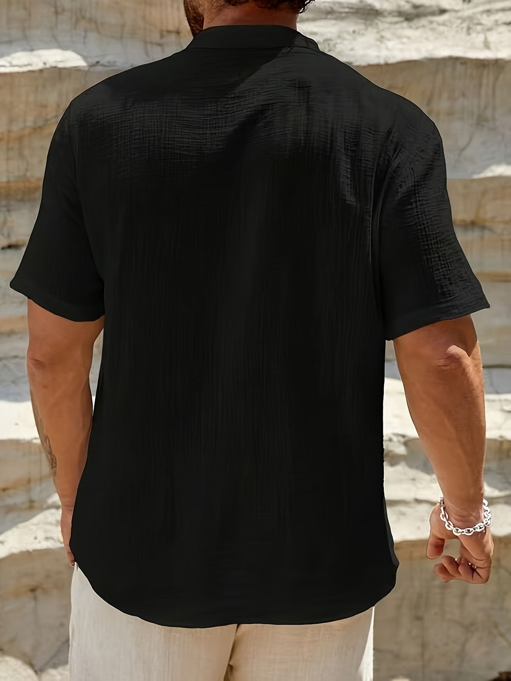 Casual Linen-Blend Shirt with Band Collar and Button Placket