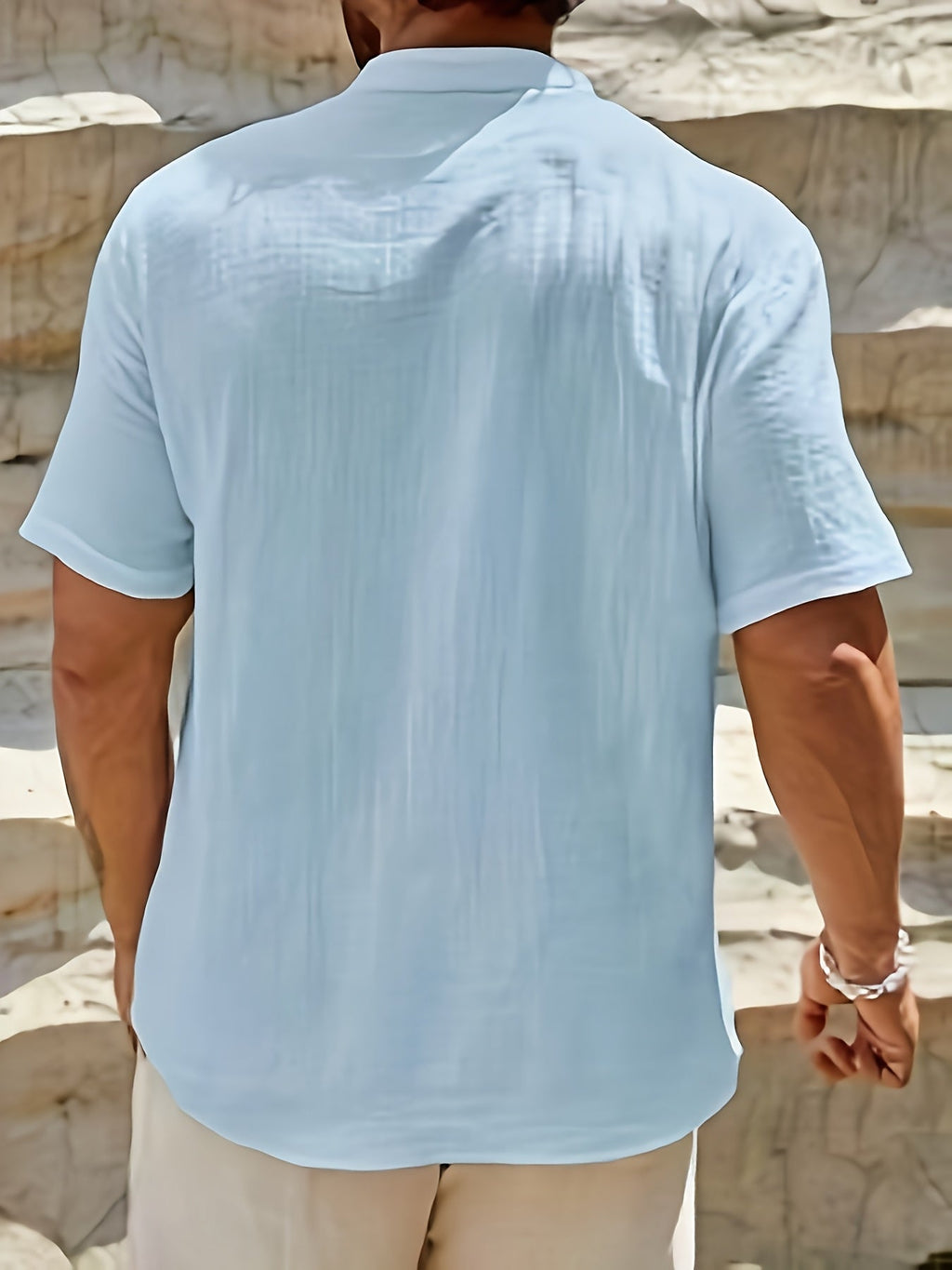 Casual Linen-Blend Shirt with Band Collar and Button Placket