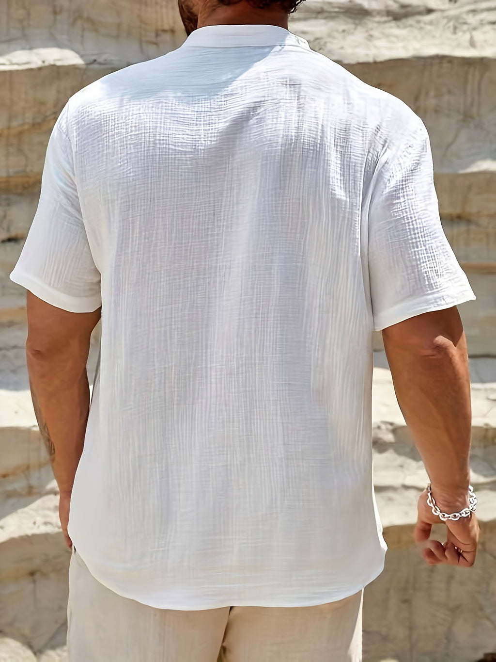 Casual Linen-Blend Shirt with Band Collar and Button Placket