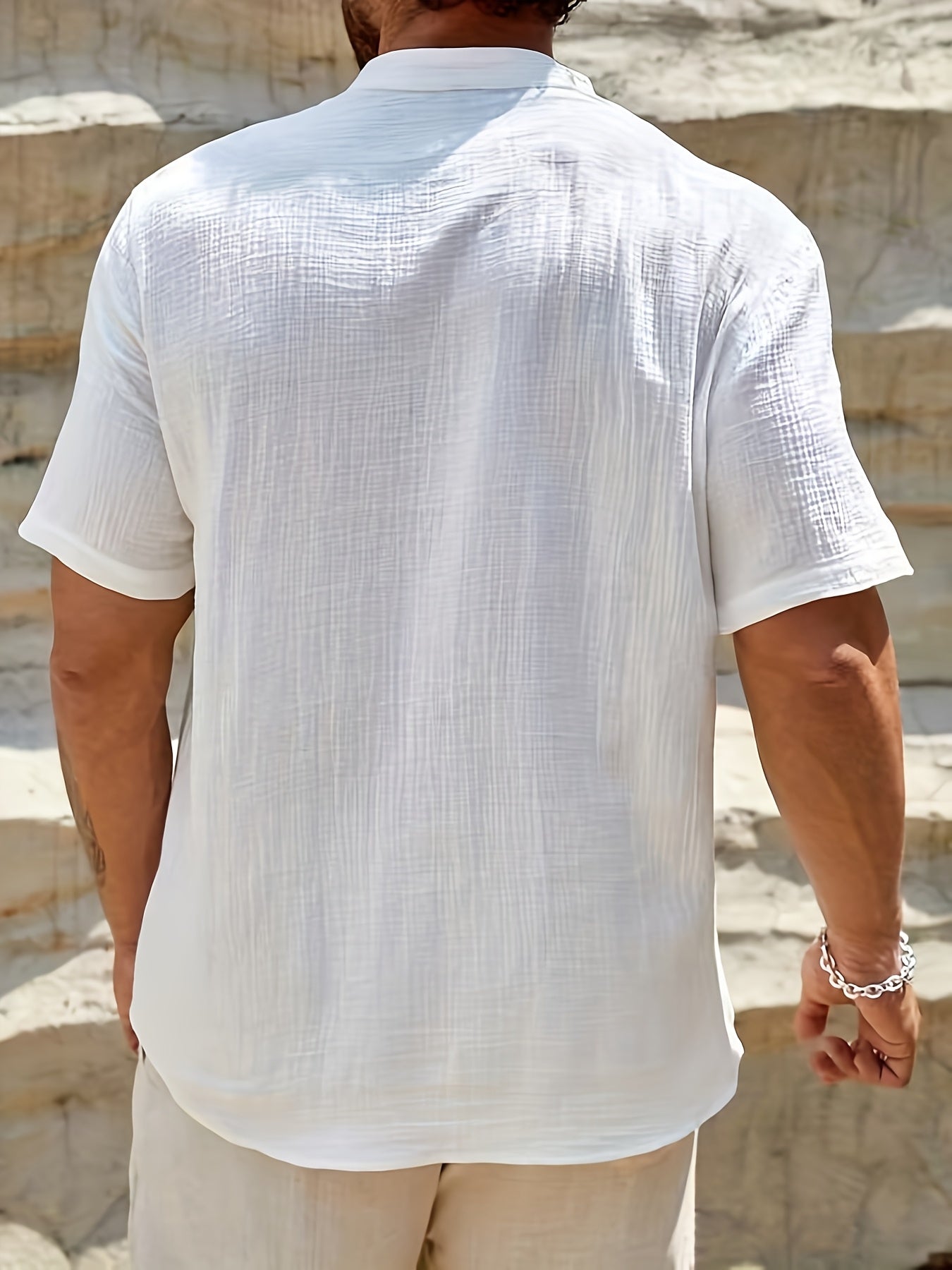 Casual Linen-Blend Shirt with Band Collar and Button Placket
