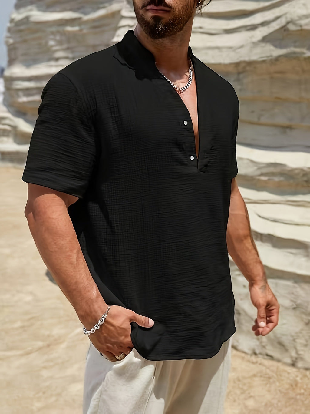 Casual Linen-Blend Shirt with Band Collar and Button Placket