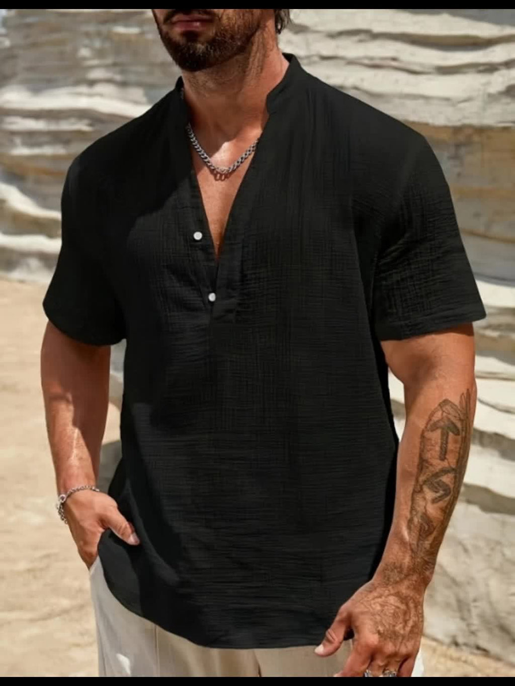Casual Linen-Blend Shirt with Band Collar and Button Placket