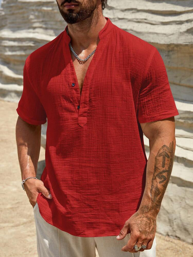 Casual Linen-Blend Shirt with Band Collar and Button Placket