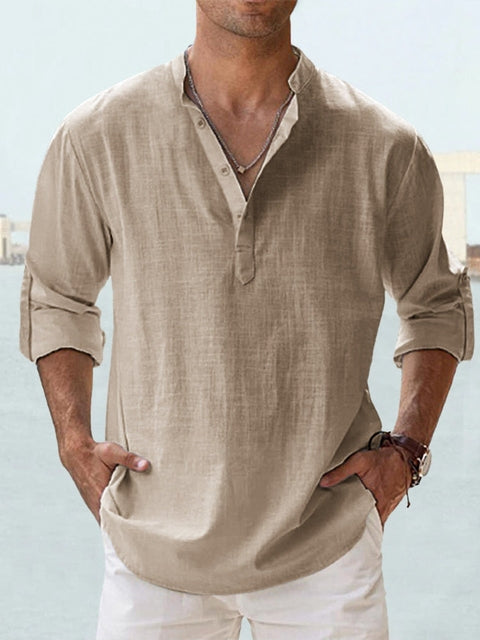 Casual Linen-Blend Shirt with Band Collar and Half Placket