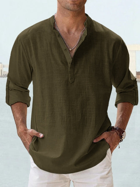Casual Linen-Blend Shirt with Band Collar and Half Placket