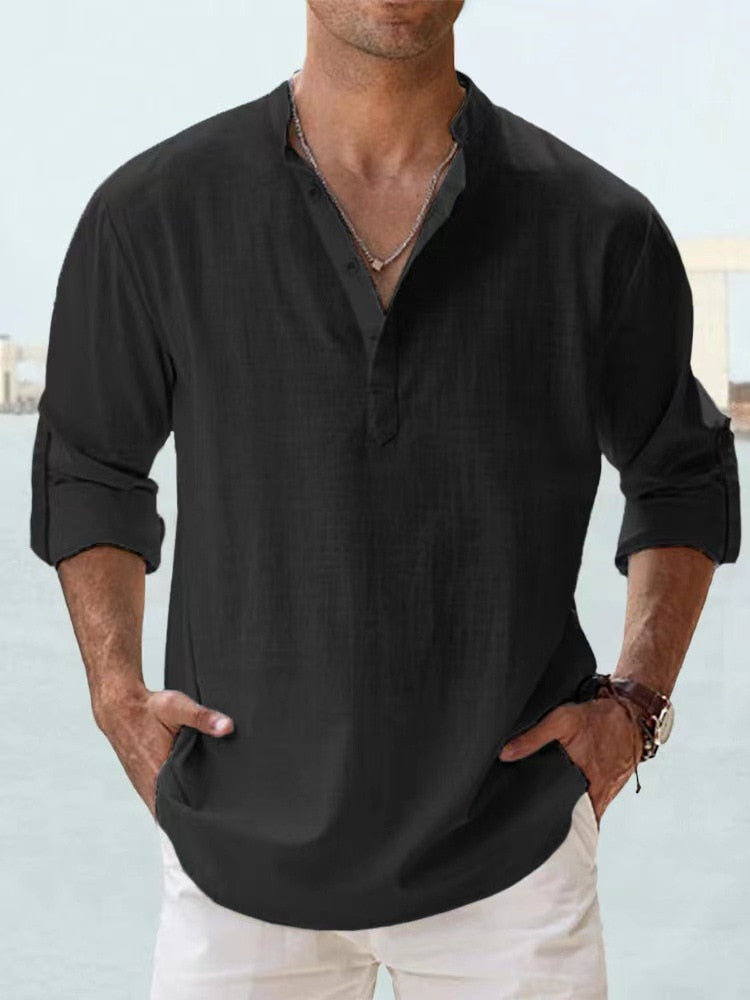 Casual Linen-Blend Shirt with Band Collar and Half Placket