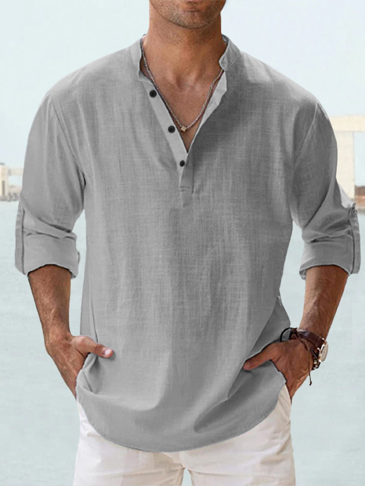 Casual Linen-Blend Shirt with Band Collar and Half Placket
