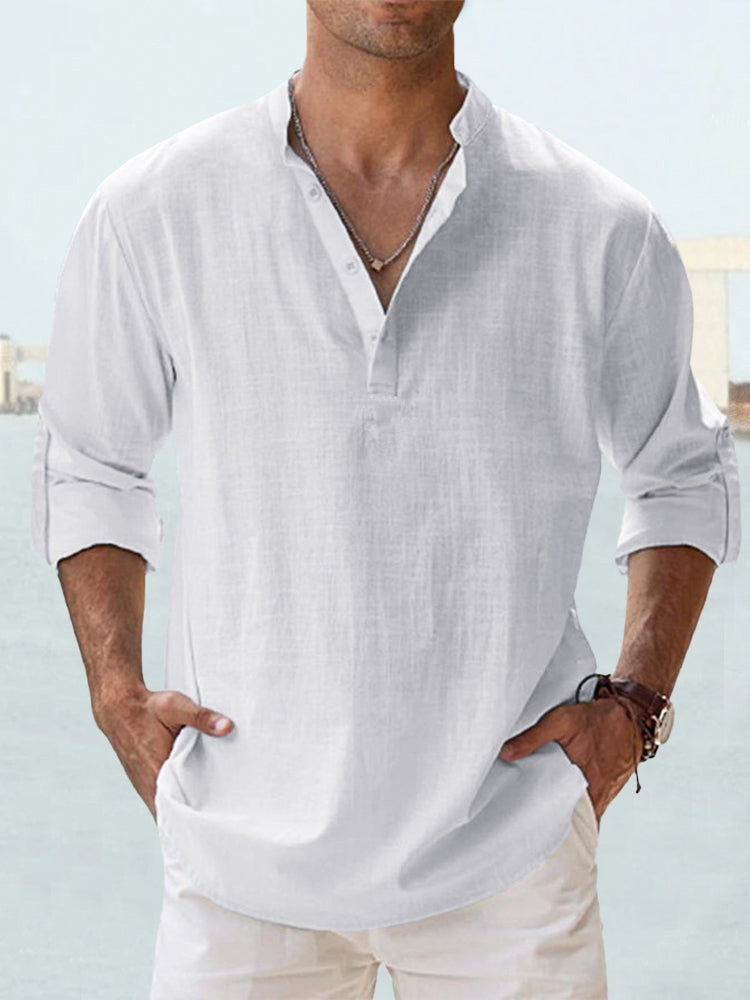 Casual Linen-Blend Shirt with Band Collar and Half Placket