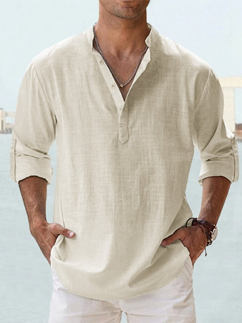 Casual Linen-Blend Shirt with Band Collar and Half Placket