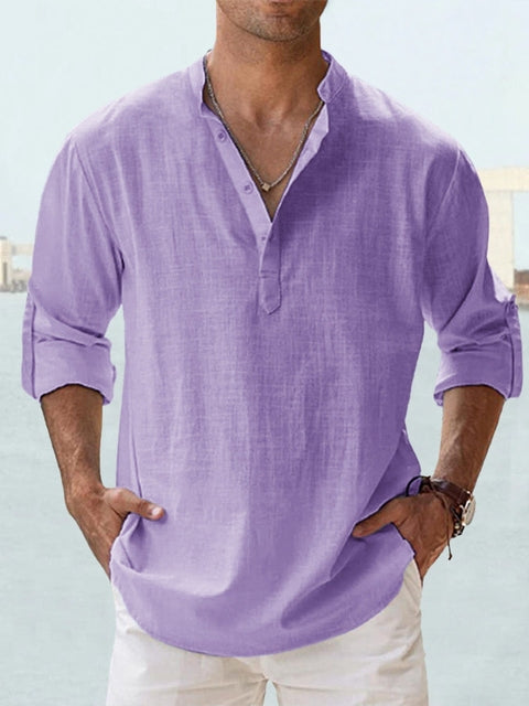 Casual Linen-Blend Shirt with Band Collar and Half Placket