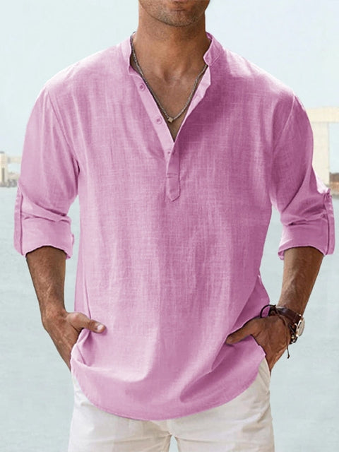 Casual Linen-Blend Shirt with Band Collar and Half Placket