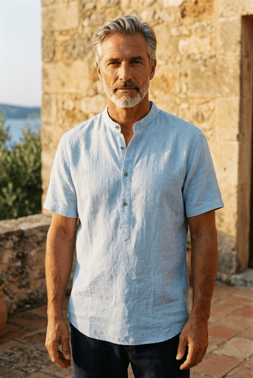 Luca | Relaxed Linen-Blend Mao Collar Shirt