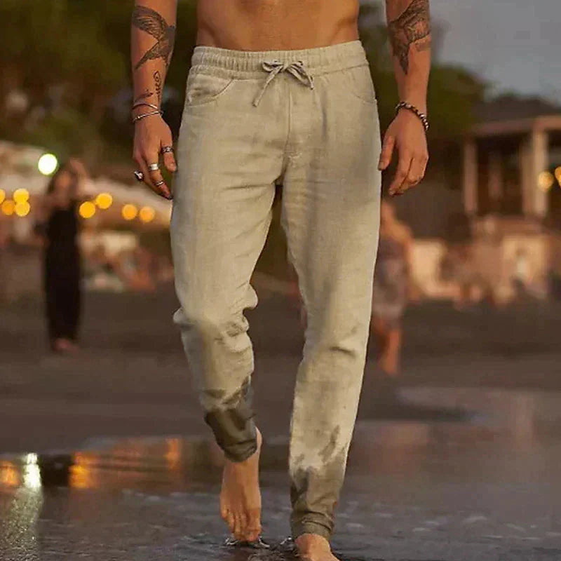 Casual Linen Pants with Drawstring Waist and Tapered Legs