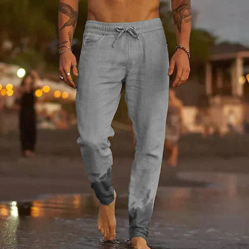 Casual Linen Pants with Drawstring Waist and Tapered Legs