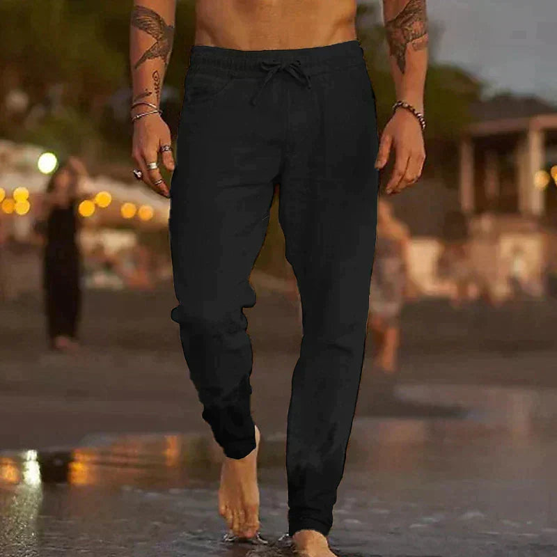 Casual Linen Pants with Drawstring Waist and Tapered Legs