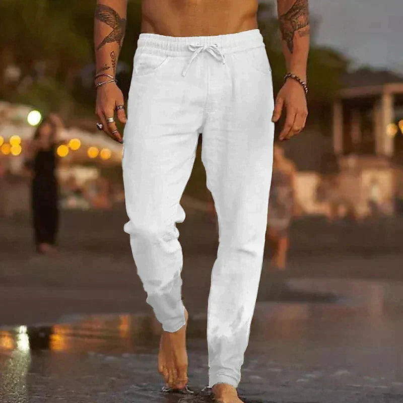 Casual Linen Pants with Drawstring Waist and Tapered Legs