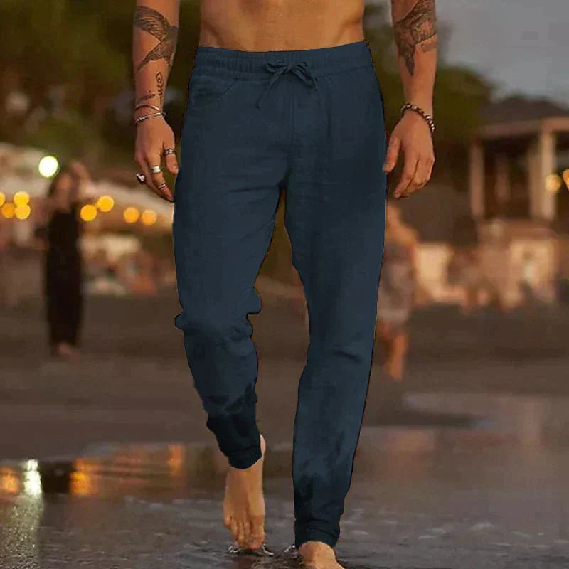Casual Linen Pants with Drawstring Waist and Tapered Legs