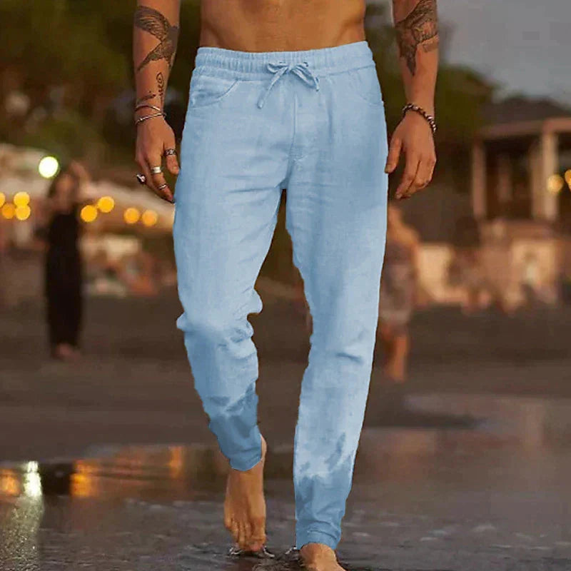 Casual Linen Pants with Drawstring Waist and Tapered Legs