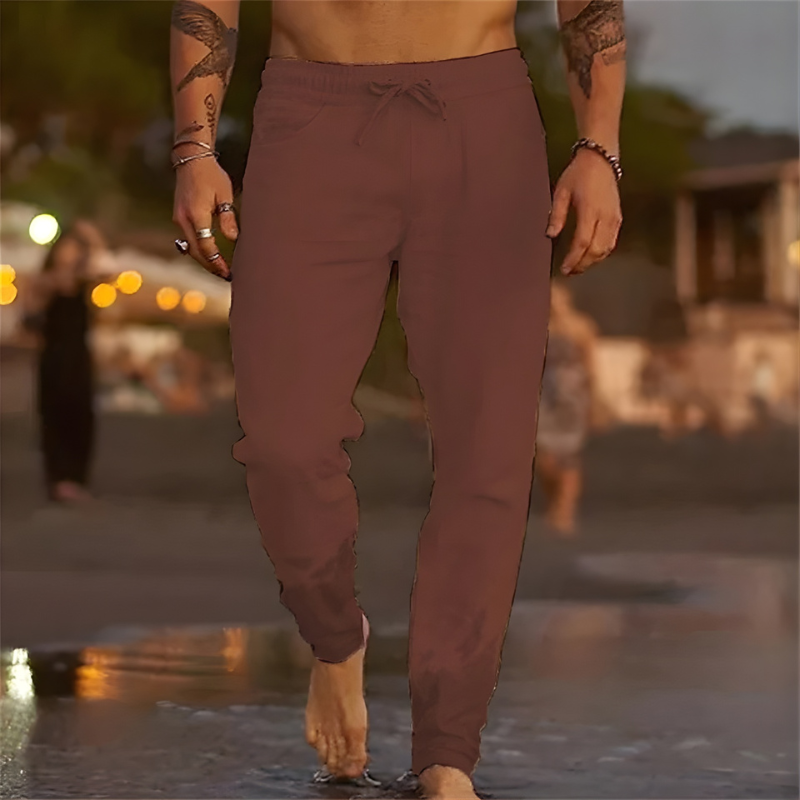 Casual Linen Pants with Drawstring Waist and Tapered Legs