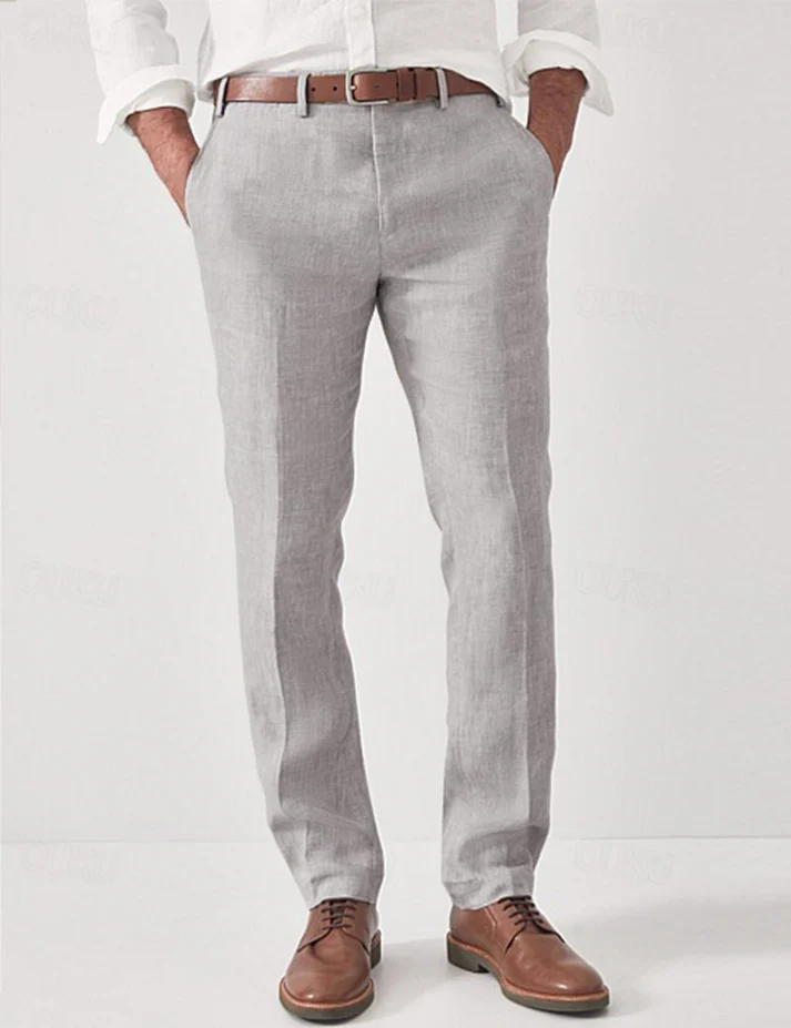 Casual Linen Pants with Flat Front and Belt Loops