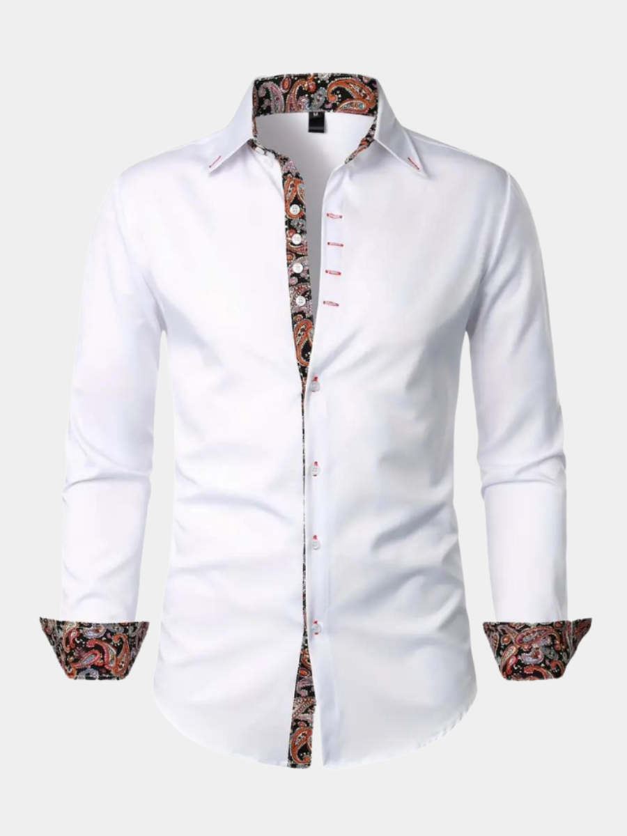 Dress Polyester Blend Shirt with Paisley Trim and Button Front