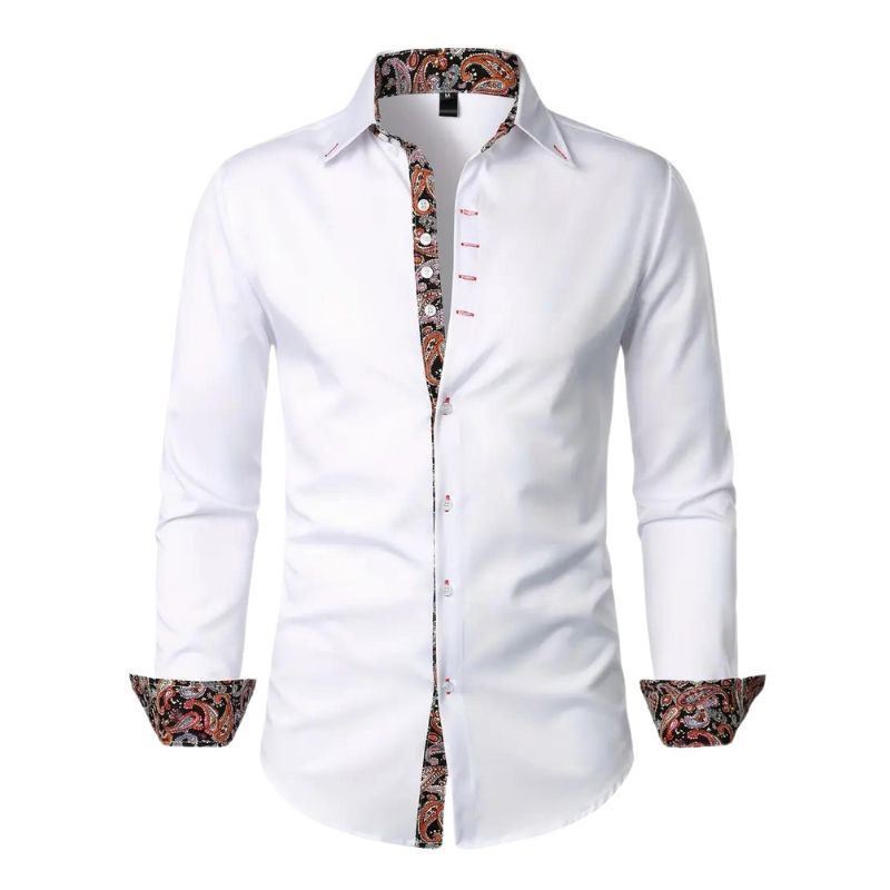 Dress Polyester Blend Shirt with Paisley Trim and Button Front