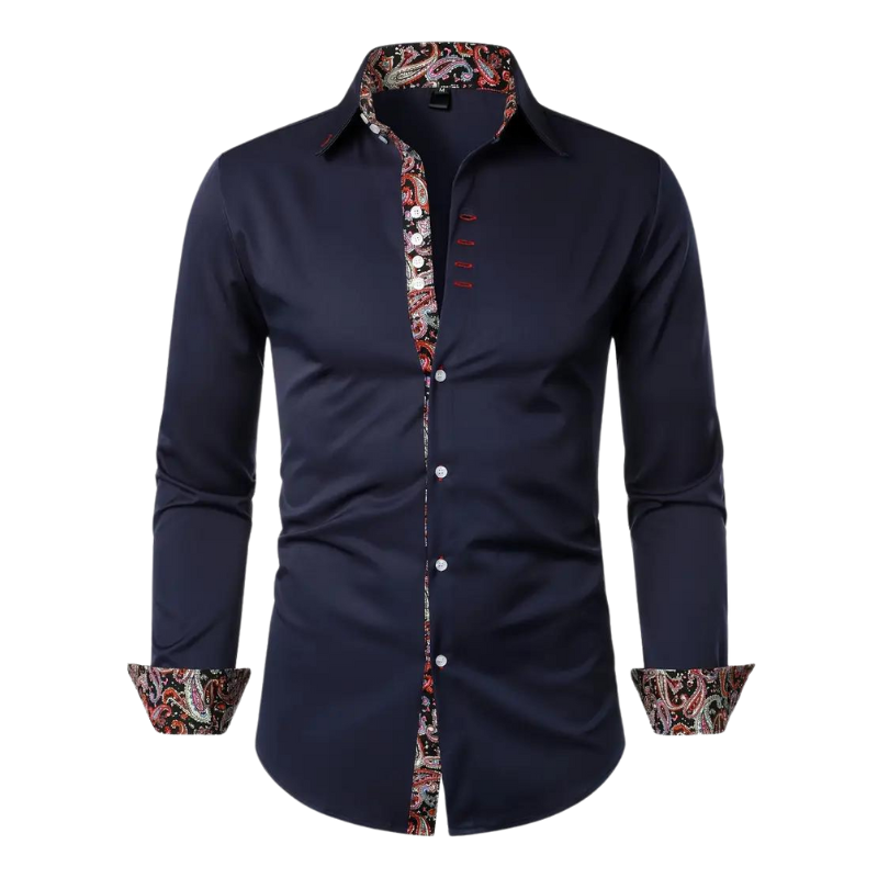 Dress Polyester Blend Shirt with Paisley Trim and Button Front