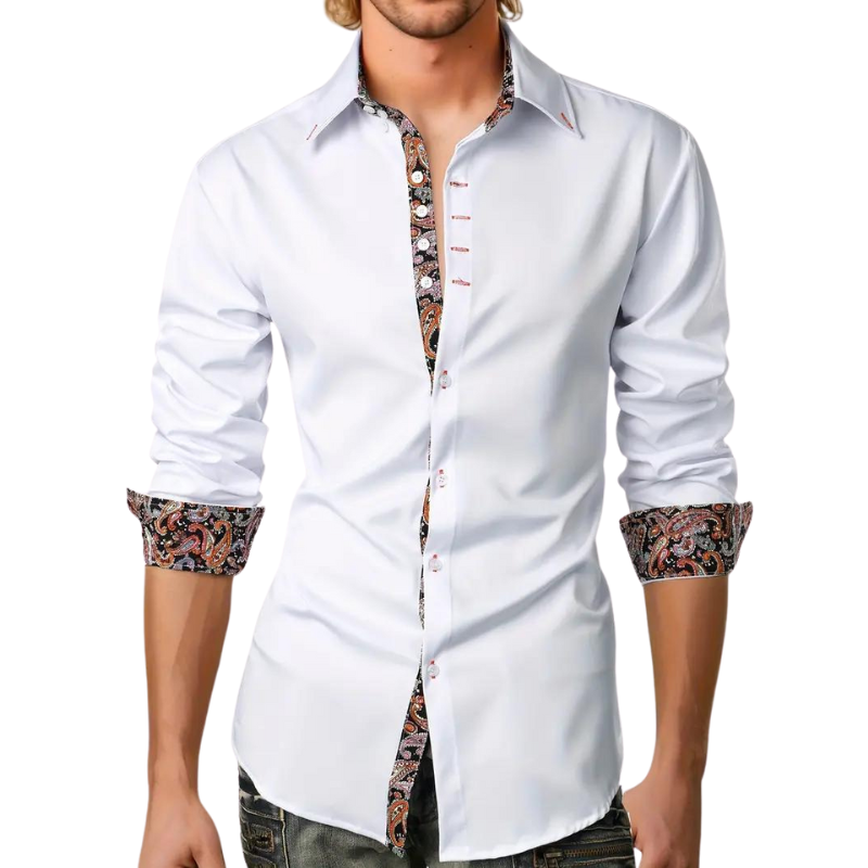 Dress Polyester Blend Shirt with Paisley Trim and Button Front