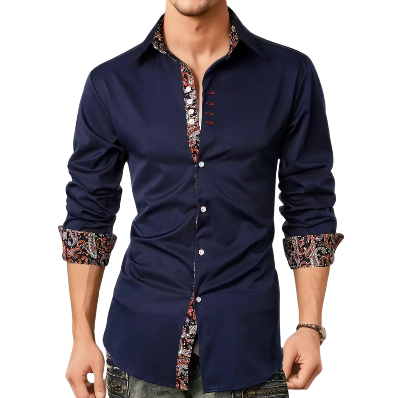 Dress Polyester Blend Shirt with Paisley Trim and Button Front