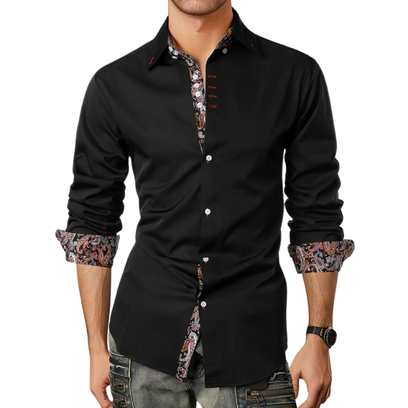 Dress Polyester Blend Shirt with Paisley Trim and Button Front