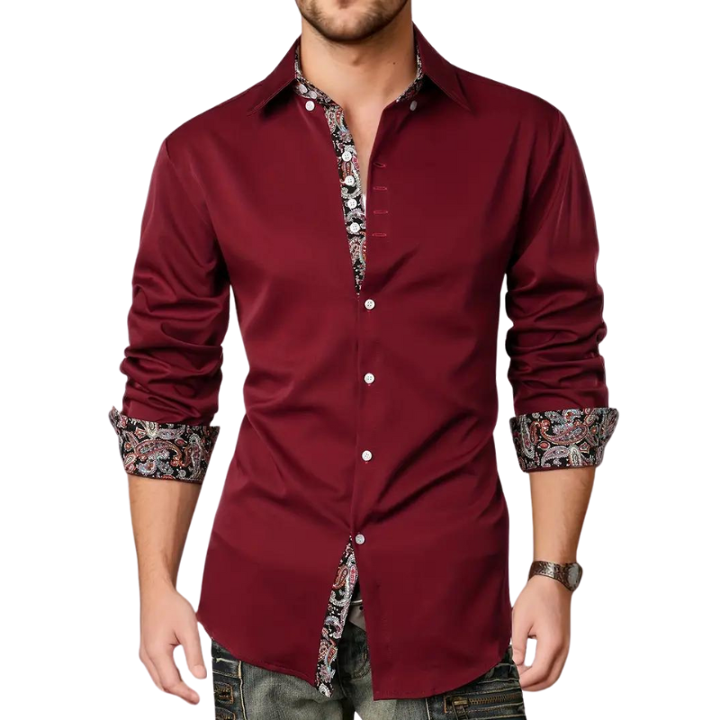Dress Polyester Blend Shirt with Paisley Trim and Button Front